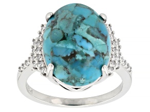 Composite Turquoise and White Cubic Zirconia Rhodium Plated Ring 0.39ctw