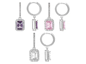 Purple, Pink and White Cubic Zirconia Rhodium Plated Earring Set of 3 12.96ctw
