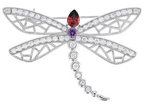 Red, Purple, and White Cubic Zirconia Rhodium Plated Dragonfly Brooch 4.12ctw