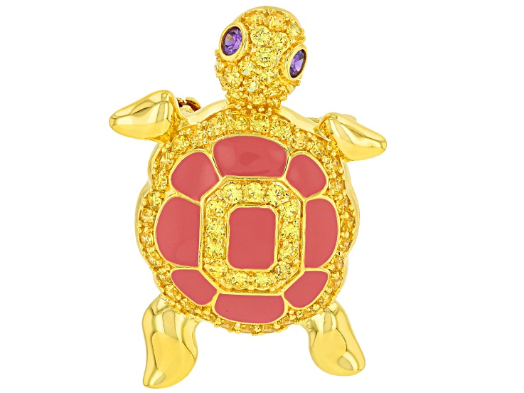 Yellow and Purple Cubic Zirconia 18k Yellow Gold Plated Turtle Brooch 3.60ctw