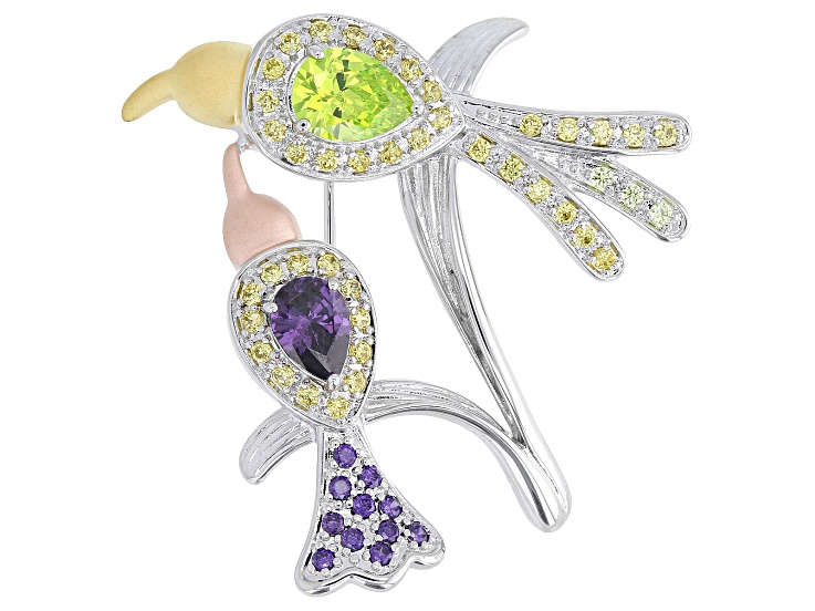 Multi-Color Cubic Zirconia Rhodium and 18k Rose and Yellow Gold Plated Brooch 5.52ctw