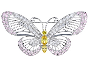 White, Yellow, and Pink Cubic Zirconia Rhodium Plated Butterfly Brooch 8.29ctw