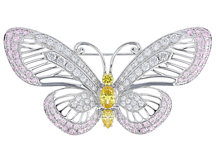 White, Yellow, and Pink Cubic Zirconia Rhodium Plated Butterfly Brooch 8.29ctw