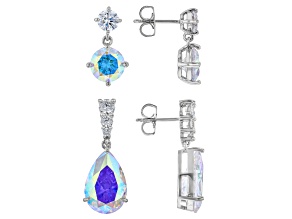 Aurora Borealis Cubic Zirconia Rhodium Plated Earring Set of 2
