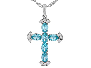 Blue and White Cubic Zirconia Rhodium Plated Cross Pendant 4.15ctw