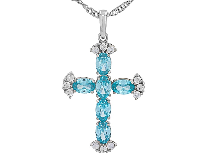 Blue and White Cubic Zirconia Rhodium Plated Cross Pendant 4.15ctw