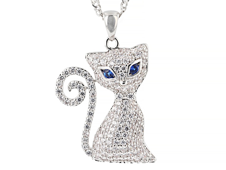White and Blue Cubic Zirconia Rhodium Plated Cat Pendant 2.16ctw