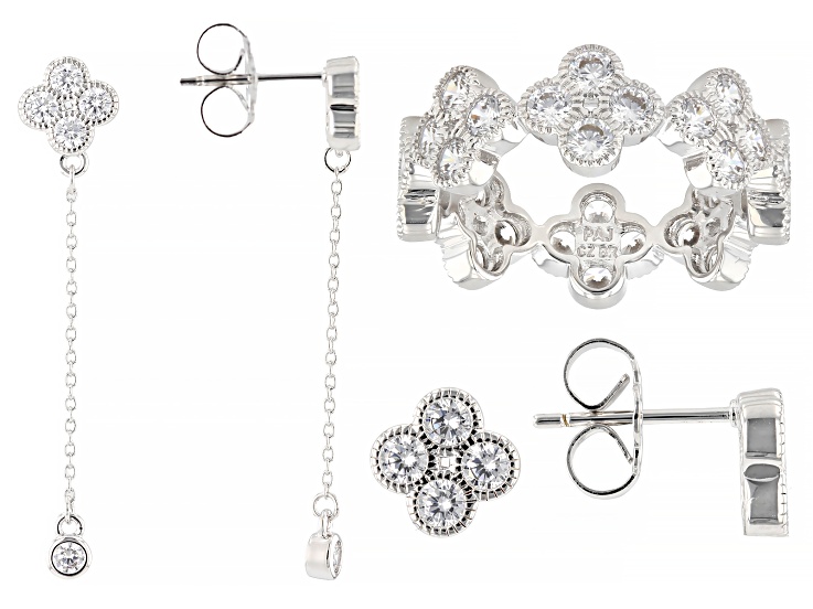 White Cubic Zirconia Rhodium Plated Ring and Earring Set of 3 5.93ctw