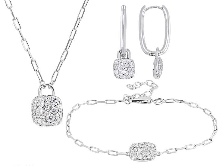 White Cubic Zirconia Rhodium Plated Necklace, Bracelet, and Earring Set 3.68ctw