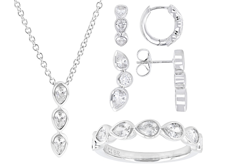 White Cubic Zirconia Rhodium Plated Ring, Earrings, and Pendant Set of 4 6.11ctw