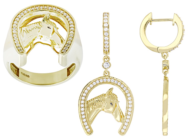 White Cubic Zirconia 18k Yellow Gold Plated Horse Ring and Earrings Set 1.20ctw