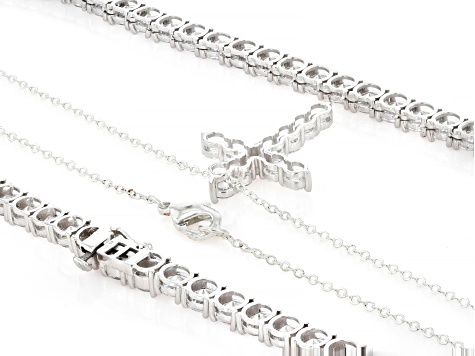 White Cubic Zirconia Rhodium Plated Tennis and Cross Necklace Set