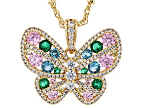 Multi Color Cubic Zirconia 18K Yellow Gold Plated Butterfly Pendant with chain 6.85ctw