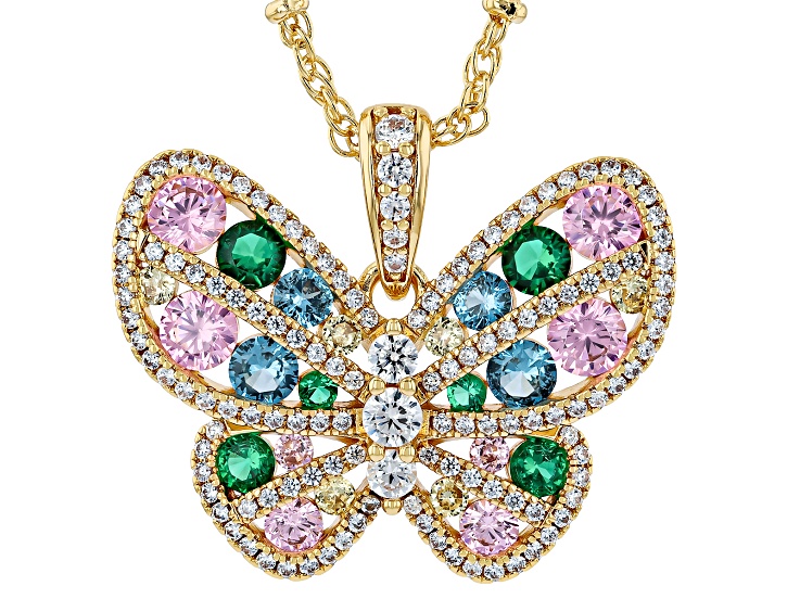 Multi Color Cubic Zirconia 18K Yellow Gold Plated Butterfly Pendant with chain 6.85ctw