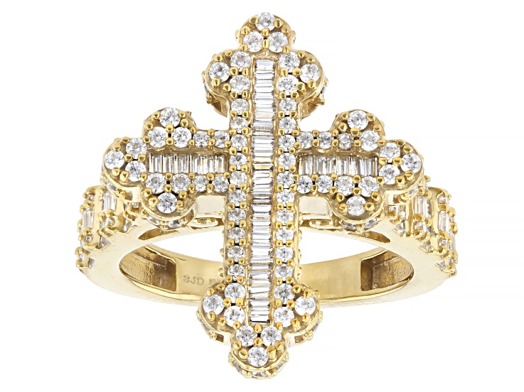 White Cubic Zirconia 18k Yellow Gold Plated Cross Ring 1.95ctw