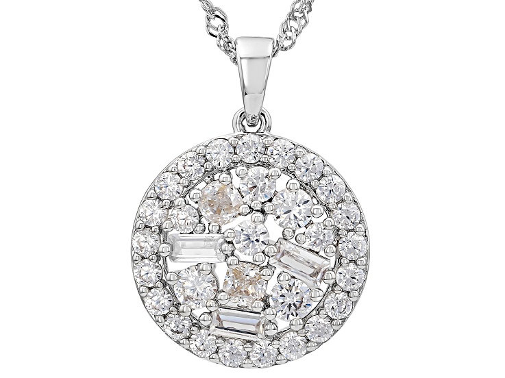 White Cubic Zirconia Rhodium Plated Ottone Round Pendant with Chain 2.87ctw