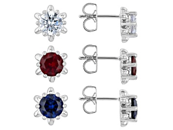 Picture of White Cubic Zirconia with Lab Created Ruby and Sapphire Rhodium Plated Earrings 7.00ctw