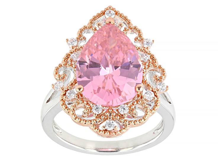 Pink and White Cubic Zirconia Rhodium and 18k Rose Gold Plated Ring 8.47ctw
