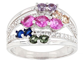 Multi-Color Lab Sapphire, Spinel and Diamond Simulant Rhodium Plated Ring 1.72ctw