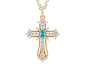 Blue and White Cubic Zirconia 18K Yellow Gold Plated Ice Flower Cut Cross Pendant with Chain