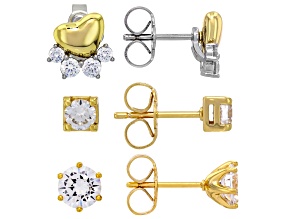 White Cubic Zirconia 14k Yellow Gold Plated Stud Earring Set of 3 4.36ctw