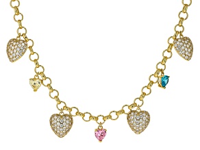 Multi-Color Cubic Zirconia 14k Yellow Gold Plated Heart Charm Necklace 12.83ctw