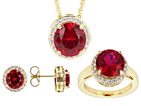 Lab Created Ruby and White Cubic Zirconia 14k Yellow Gold Plated Jewelry Set 12.13ctw