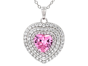 Pink and White Cubic Zirconia Rhodium Over Sterling Silver Heart Pendant 4.49ctw