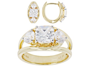 White Cubic Zirconia Rhodium and 14k Yellow Gold Plated Ring and Earring Set 6.47ctw