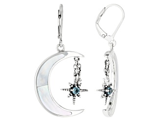 White Mother-of-Pearl Sterling Silver Moon And Star Earrings 0.24ctw