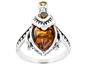 Picture of Orange Amber Oxidized Sterling Silver Ring 12x8mm