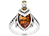 Orange Amber Oxidized Sterling Silver Ring 12x8mm