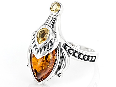 Orange Amber Oxidized Sterling Silver Ring 12x8mm