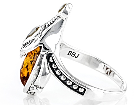 Orange Amber Oxidized Sterling Silver Ring 12x8mm