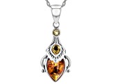 Orange Pear Amber Oxidized Sterling Silver Pendant With Chain 12x8mm