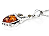 Orange Pear Amber Oxidized Sterling Silver Pendant With Chain 12x8mm