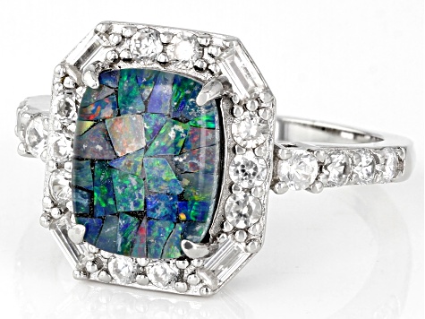 Multicolor Mosaic Opal Triplet Rhodium Over Sterling Silver Ring 0.40ctw