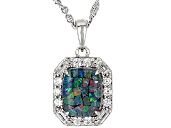 Picture of Multicolor Australian Mosaic Opal Triplet Rhodium Over Sterling Silver Pendant With Chain 0.67ctw