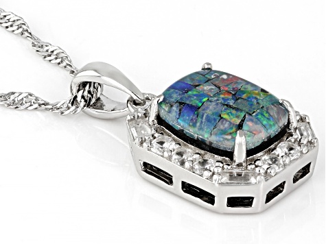 Multicolor Australian Mosaic Opal Triplet Rhodium Over Sterling Silver Pendant With Chain 0.67ctw
