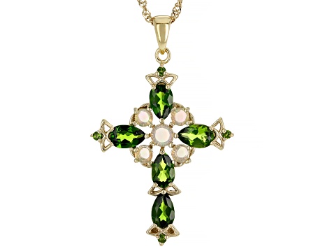 Green Chrome Diopside 18k Yellow Gold Over Silver Cross Pendant With Chain 2.53ctw