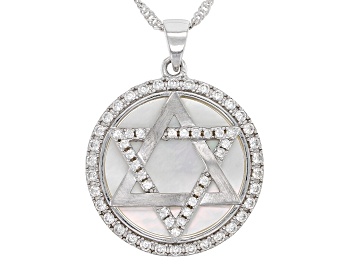 Picture of White Mother-Of-Pearl Rhodium Over Sterling Silver "Star Of David" Pendant With Chain 0.98ctw
