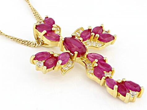 Red Ruby 18k Yellow Gold Over Sterling Silver Cross Pendant Chain 2.61ctw
