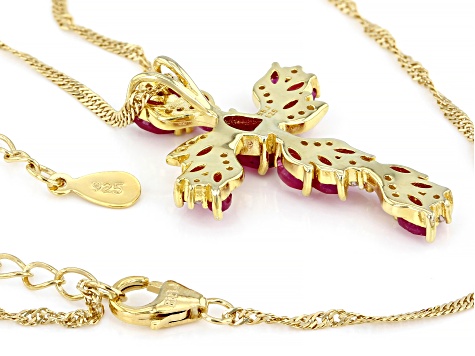 Red Mahaleo® Ruby 18k Yellow Gold Over Sterling Silver Cross Pendant Chain 2.61ctw