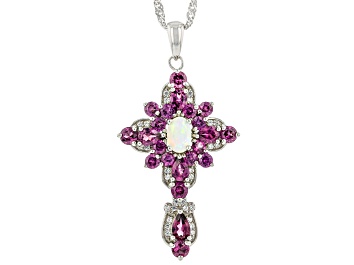 Picture of Multi Color Ethiopian Opal Rhodium Over Silver Cross Pendant with Chain 2.96ctw