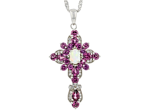 Multi Color Ethiopian Opal Rhodium Over Silver Cross Pendant with Chain 2.96ctw