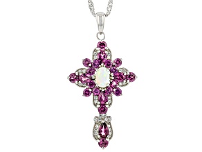 White Ethiopian Opal Rhodium Over Silver Cross Pendant With Chain 2.96ctw