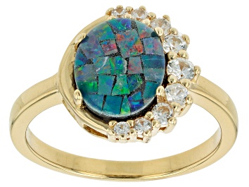 Picture of Multi Color Mosaic Opal Triplet 18k Yellow Gold Over Sterling Silver Ring