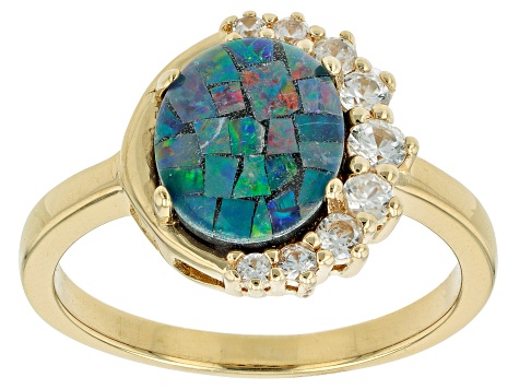 Multi Color Mosaic Opal Triplet 18k Yellow Gold Over Sterling Silver Ring