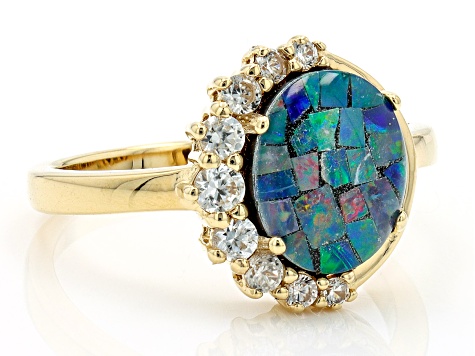 Multi Color Mosaic Opal Triplet 18k Yellow Gold Over Sterling Silver Ring
