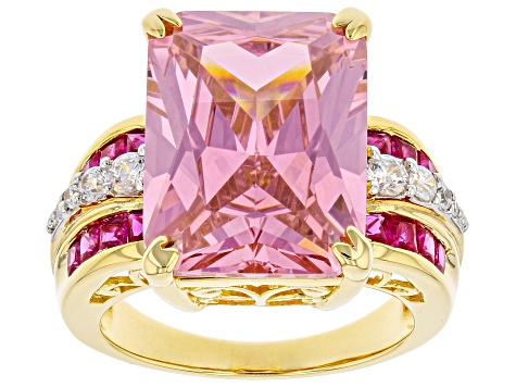 Pink & White Cubic Zirconia and Lab Ruby Rhodium And 18k Yellow Gold Over Silver Ring